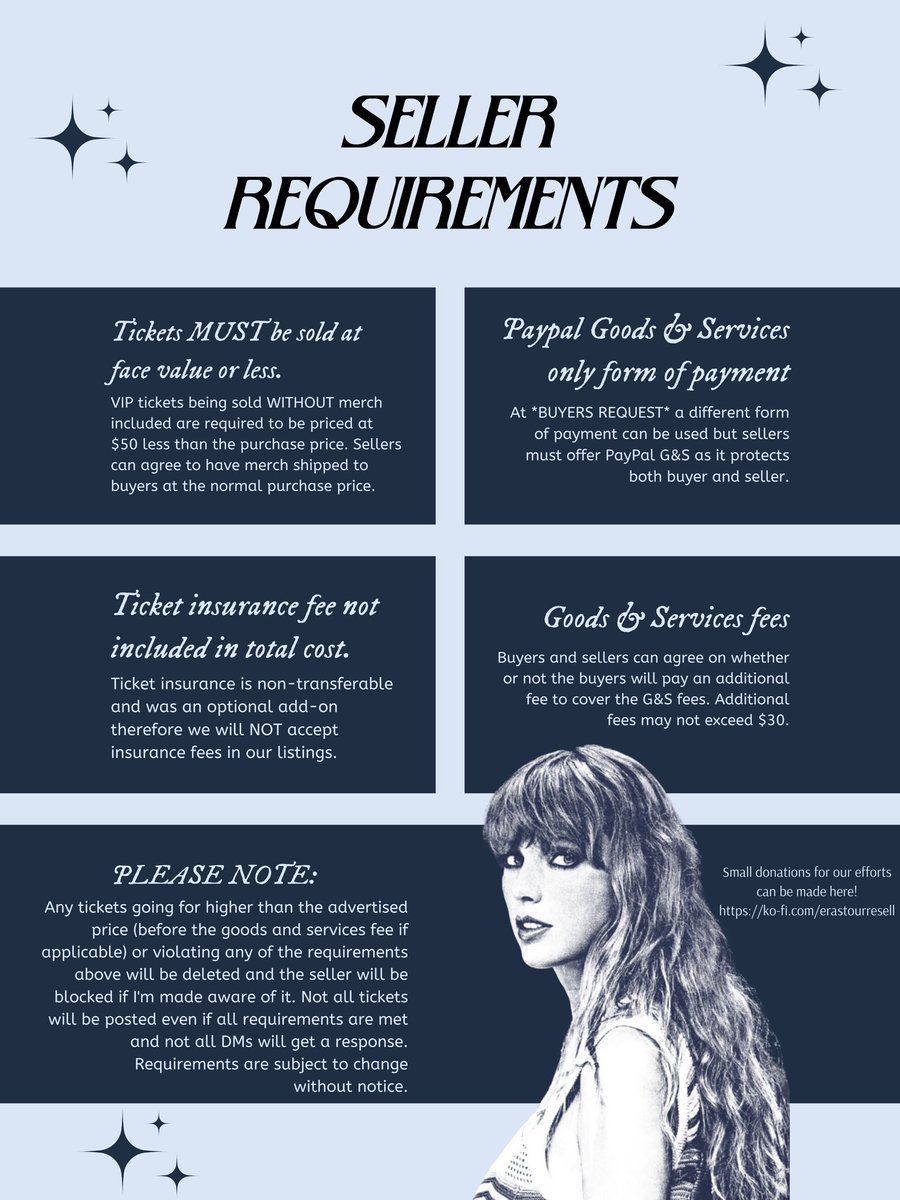 ErasTourResell's tweet image. ✨Selling tickets to the Eras Tour?✨
READ ALL INFO BELOW!
*click the link in our bio and fill out the form to sell your tickets
*Only use PayPal G&S to sell
*Can only sell for the price YOU paid..no offers and no price gouging.
*No profit is made by us, small donations for our…