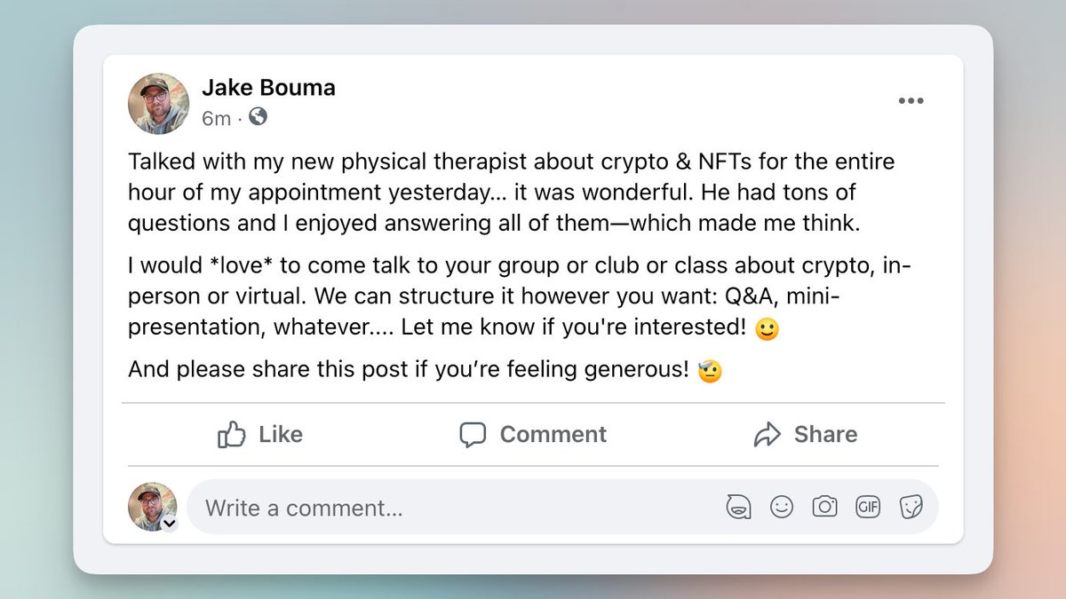 jakebouma's tweet photo. 📣 PSA if you or a group you’re affiliated with is interested in learning about #crypto and/or #NFTs 👇 https://t.co/1ED8hVa6ax