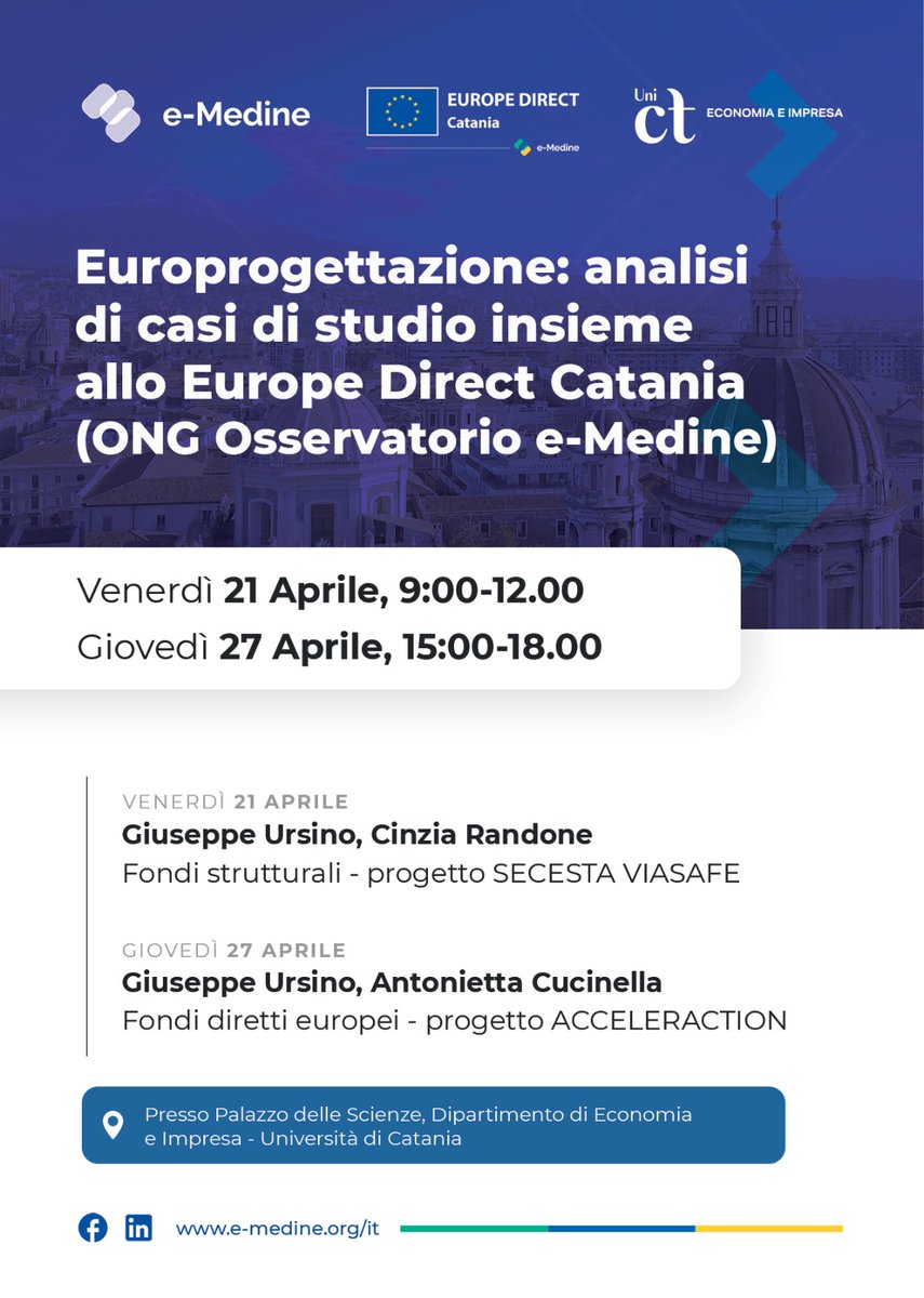 giuseppe_ursino's tweet photo. Nei prossimi giorni 2 seminari professionalizzanti al #DEI di UNICT sui #FondiStrutturali e sui #FondiEuropei diretti. Quindi, dopo quello di 9 ore sul #python al #DIEEI, altra collaborazione tra imprese e sistema universitario.
#EuropeDirect #EuropeDirectCatania #JOGroup https://t.co/jrBahY7b5k