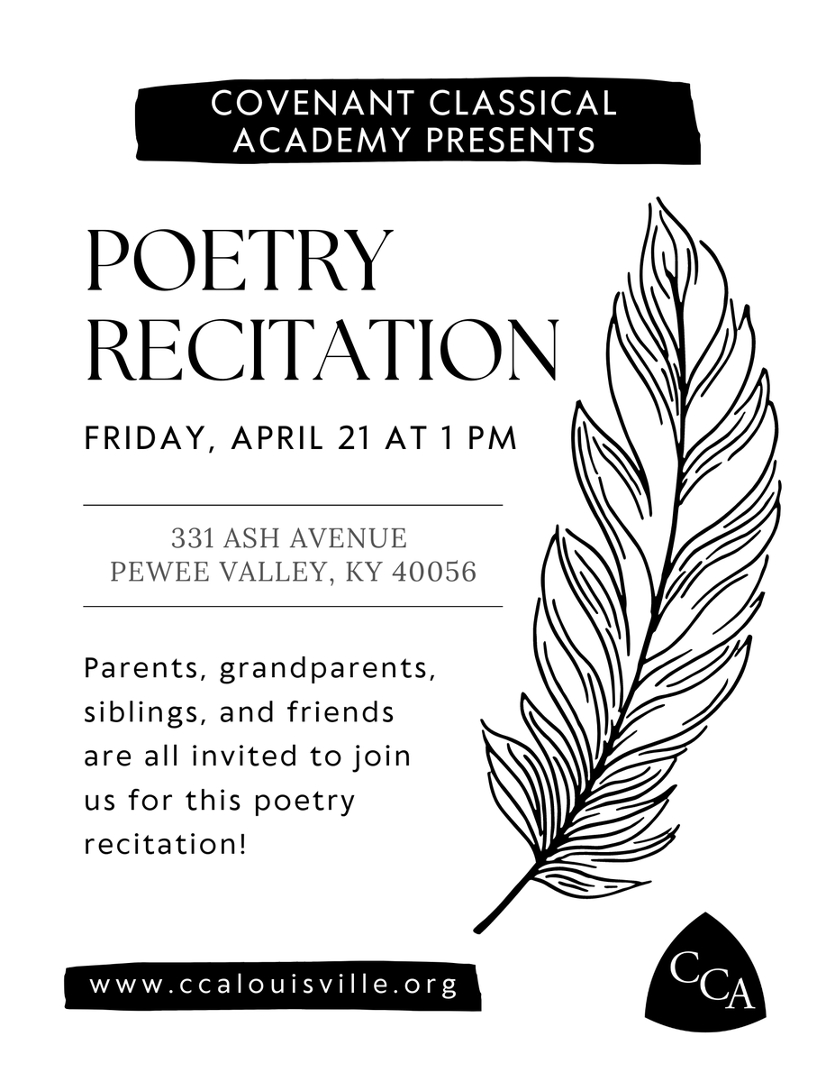 📆MARK YOUR CALENDARS🎉

Our annual poetry recitation is THIS week! Join us Friday, April 21, at 1pm. Family and friends alike are all welcome! Come and listen in on what our students have been learning and working so hard on. 

#ccalouisville #poetry #poetryrecitation