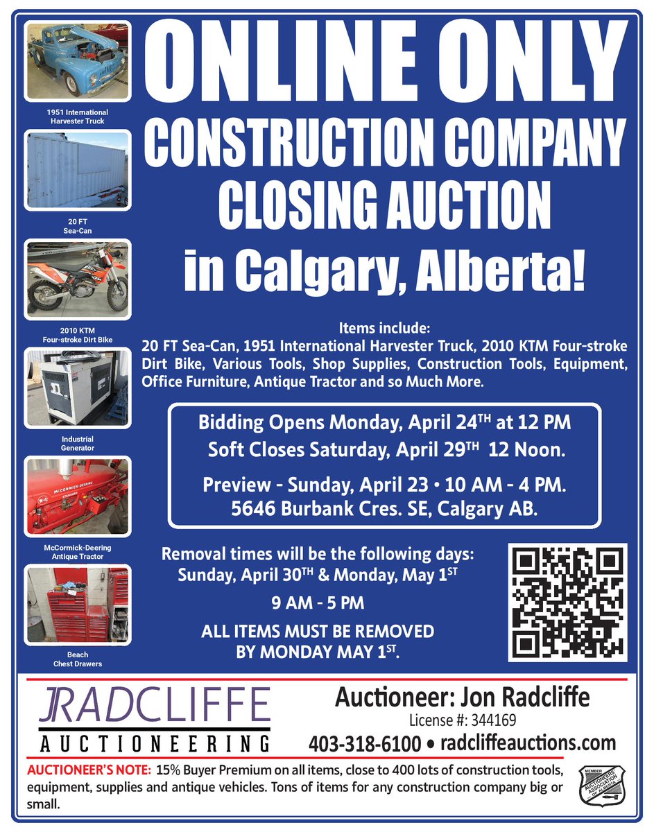 Construction company closing auction in Calgary, Alberta! Preview NOW: radcliffeauctions.hibid.com
#construction #calgary #edmonton #alberta #constructionlife #constructionequipment #constructiontools #customhome #commercialconstruction #buildingmaterials #concreteconstruction