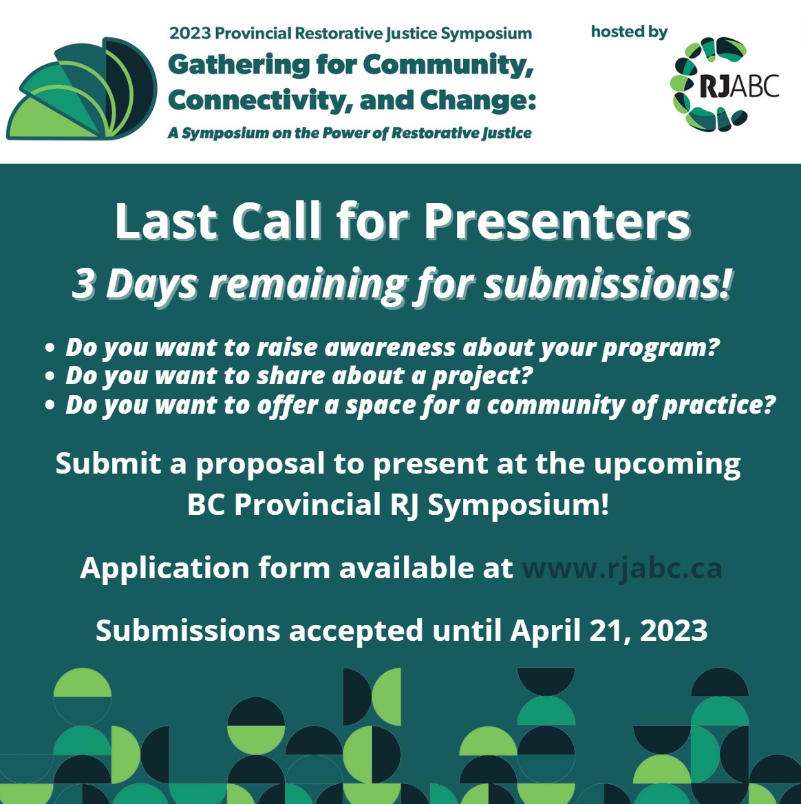 rjabc_'s tweet photo. We're sending out a last call for applications for presenters at the first Provincial Restorative Justice Symposium!

For more information about our call for presenters and application, please visit our website: https://t.co/Q4xbWs4cIl https://t.co/6f3vTF7A1O