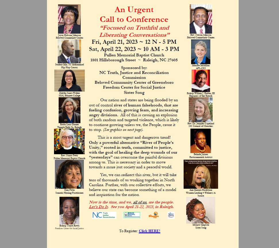 NCWARN's tweet photo. Truthful and Liberating Conversations Conference and Training April 21 &amp; 22 Sponsored by @GSObeloved, The Freedom Center for Social Justice, SisterSong &amp; The North Carolina Truth, and Justice &amp; Reconciliation Commission

Register for FREE here✍https://t.co/GYEJuYDUCM  https://t.co/Iyx08ppQhp