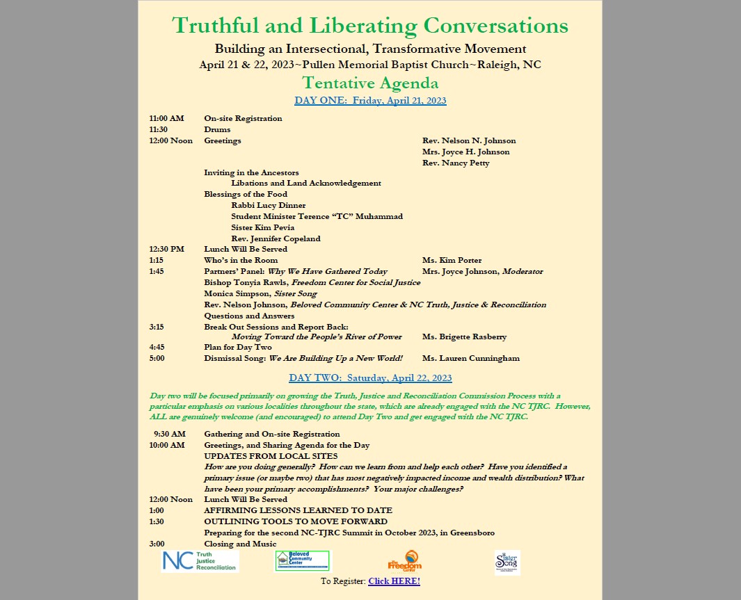 NCWARN's tweet photo. Truthful and Liberating Conversations Conference and Training April 21 &amp; 22 Sponsored by @GSObeloved, The Freedom Center for Social Justice, SisterSong &amp; The North Carolina Truth, and Justice &amp; Reconciliation Commission

Register for FREE here✍https://t.co/GYEJuYDUCM  https://t.co/Iyx08ppQhp