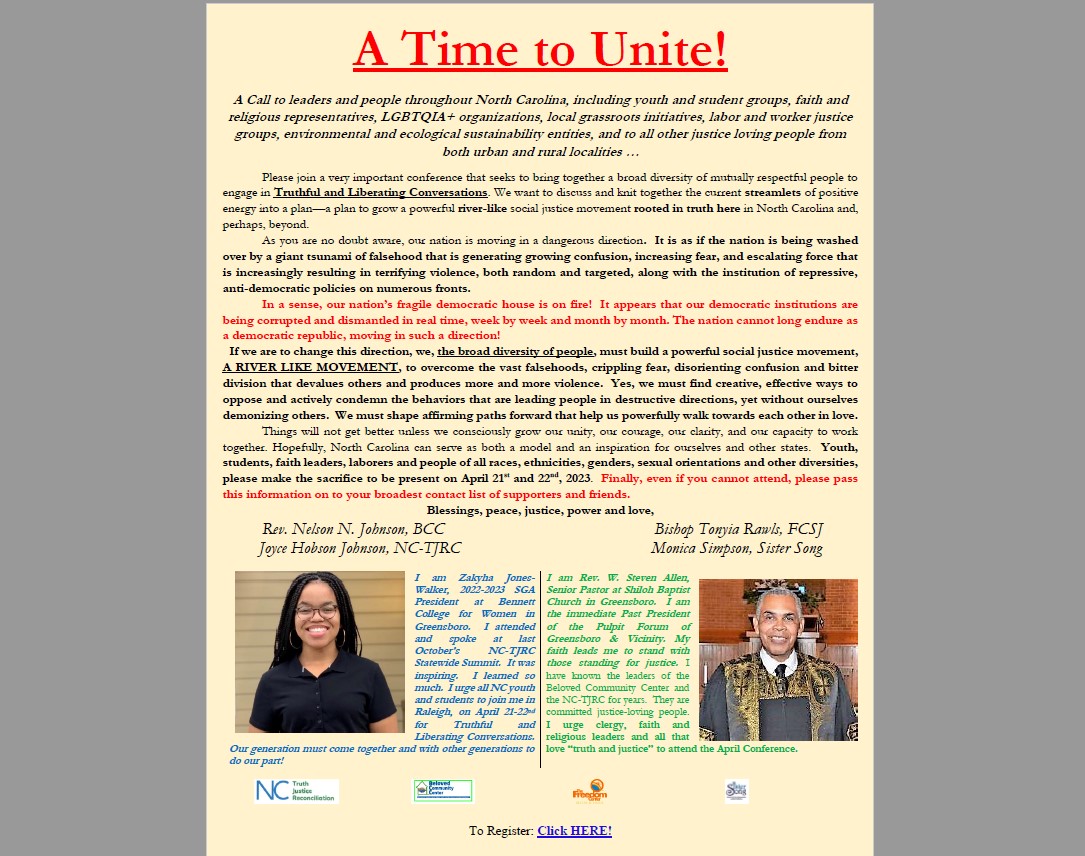 NCWARN's tweet photo. Truthful and Liberating Conversations Conference and Training April 21 &amp; 22 Sponsored by @GSObeloved, The Freedom Center for Social Justice, SisterSong &amp; The North Carolina Truth, and Justice &amp; Reconciliation Commission

Register for FREE here✍https://t.co/GYEJuYDUCM  https://t.co/Iyx08ppQhp