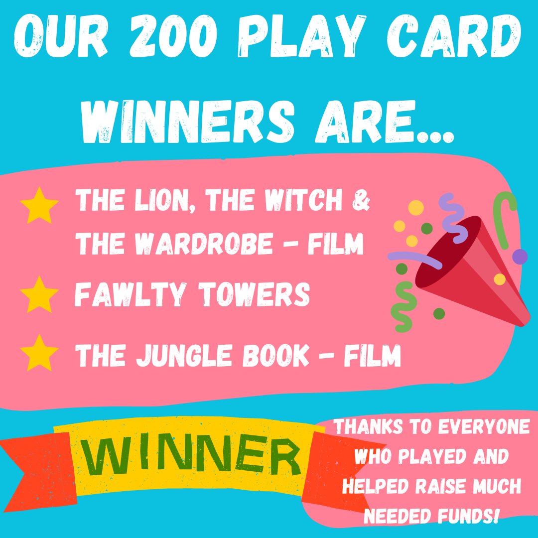 CYT_Wolves's tweet photo. We're thrilled to announce the winners of our 200 plays card! Our three winners were THE LION, THE WITCH AND THE WARDROBE - FILM, FAWLTY TOWERS and THE JUNGLE BOOK - FILM.
Thanks to all who played and in doing so, donated to the fundraising pot for our huge 40 year programme. https://t.co/aFcTmXIhSG