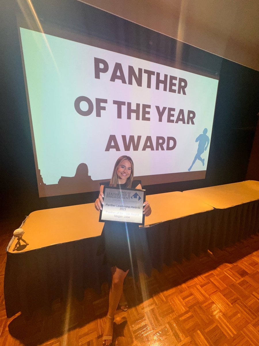 oglane2024's tweet photo. This past Sunday at the Panther Leadership Awards, Megan Jobe, a junior majoring in marketing, was announced as our Panther of the Year! Megan is the VPR on the Panhellenic Council, a member of Alpha Phi and is the President of Delta Sigma Pi. Congrats Megan! #CMN3980 #PantherPR https://t.co/Cclp6poNGi