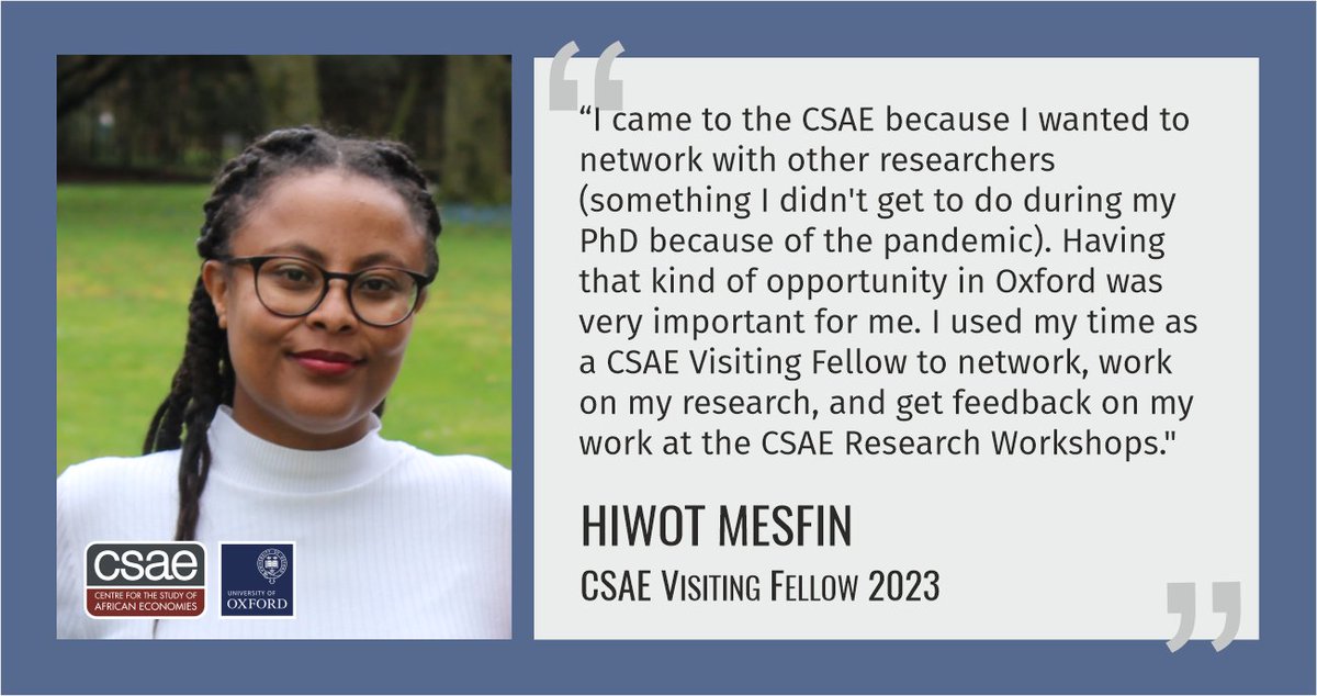 Are you an African scholar with a doctorate currently pursuing a career in economics? Would you like to visit the CSAE at @UniofOxford to help with your research? Then apply for the CSAE Visiting Fellowships 2024! Find out more at csae.ox.ac.uk/visiting-fello… Deadline: 31 May 2023