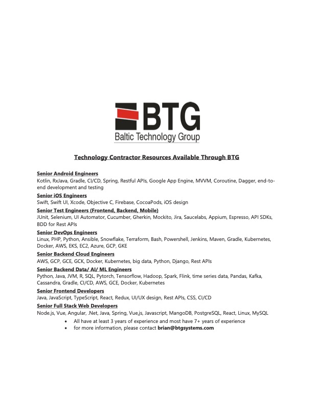 BTGSystems1's tweet photo. Here are some technology contractors available through BTG! https://t.co/6Rt0NGw9KP #softwaredevelopment #softwaredeveloper #androiddeveloper #iosdeveloper #testengineer #devops #devopsengineer #backenddeveloper #frontenddeveloper #fullstackdeveloper https://t.co/WmOC6zyuDD