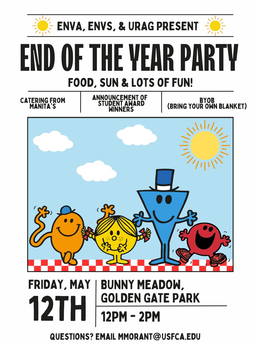 USFCA ENVS (@usfcaenvs) on Twitter photo We made it! It's the end of the year and it's time to celebrate! Join the ENVA, ENVS, and URAG programs for an end of the spring semester hurrah to catch some sun and good food! Hope to see you there 🌲🌻🌞
Questions? Email: mmorant@dons.usfca.edu We made it! It's the end of the year and it's time to celebrate! Join the ENVA, ENVS, and URAG programs for an end of the spring semester hurrah to catch some sun and good food! Hope to see you there 🌲🌻🌞
Questions? Email: mmorant@dons.usfca.edu