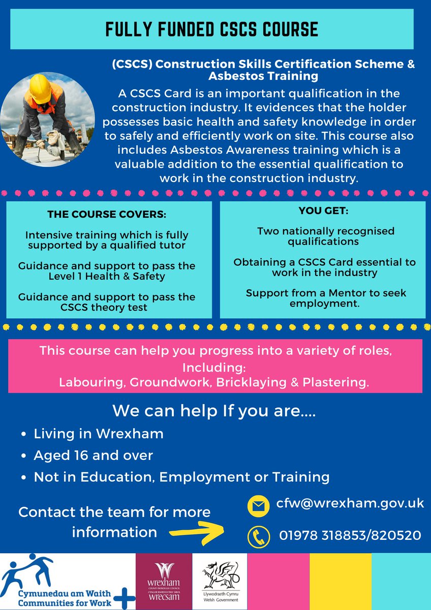 ***Fully Funded CSCS Course***
We can help if you are....
Living in Wrexham
Aged 16 and over
Not in Education, Employment or Training
Call us or fill out your details at the following link – wrexham.gov.uk/mentoring
#Wrexham #wrexhamjobs #wrexhamtraining