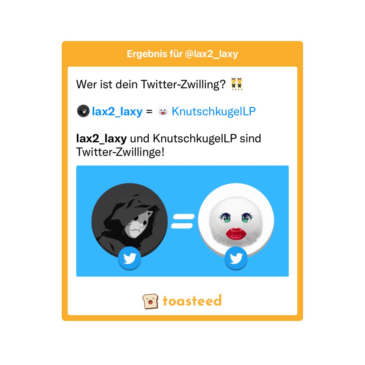 lax2_laxy's tweet photo. Sauber! Top Zwilling! 👍🏻✌️

Wer ist dein Twitter-Zwilling? 👯

@lax2_laxy = @KnutschkugelLP

sind Twitter-Zwillinge!

#twitterZwilling #toasteed
https://t.co/TN0c1Su4Gl https://t.co/nEvcJx7Tdm