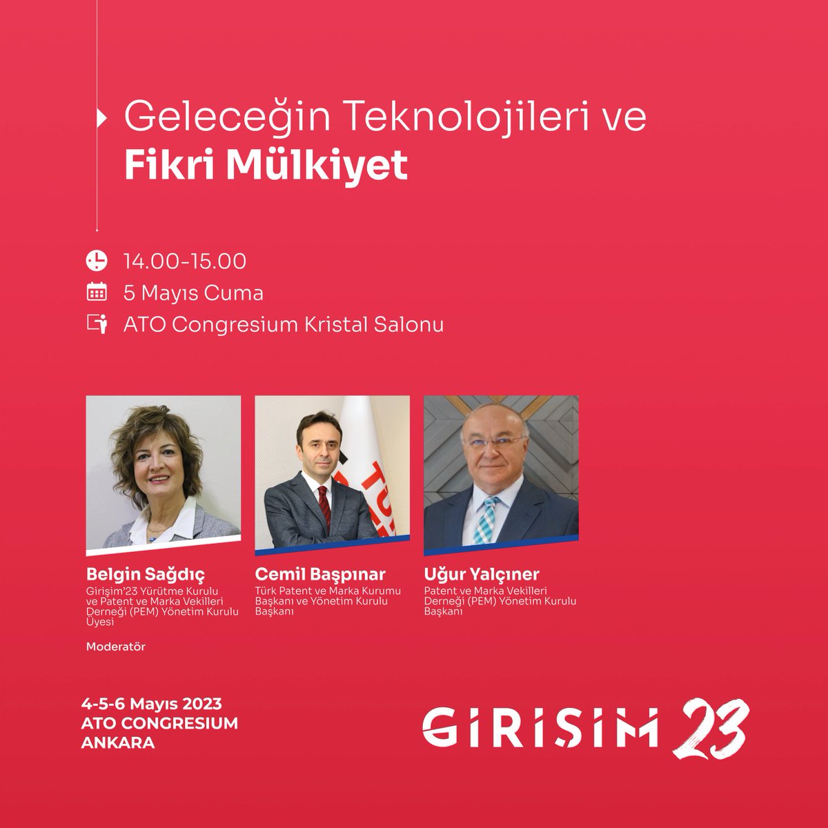 23Girisim's tweet photo. Geleceğin Teknolojileri ve Fikri Mülkiyet Panelimiz , 5 Mayıs Cuma günü 14.00-15.00 saatleri arasında ATO Congresium'da!
Haydi #sendeyerinial 
Henüz kayıt yaptırmadıysan hemen 
https://t.co/Uu6HyyIH1d'dan kaydını oluşturup biletini al!
📅4-5-6 Mayıs 2023
📍Ato Congresium Ankara https://t.co/BqYZCdsUM0
