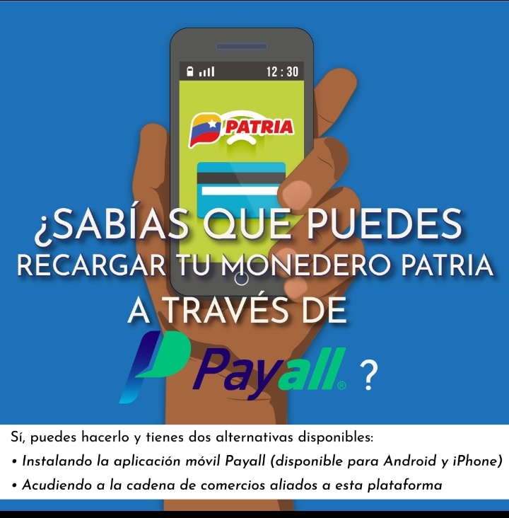 Rodrigz10847097's tweet photo. #SabiasQue Ya puedes recargar tu Monedero Patria a través de Payall?
El #SistemaPatria te muestra las alternativas disponibles de cómo y dónde puedes hacerlo 👍🏼
Para más información visita:
https://t.co/rsQYJo0KqR

@BonoMSV
#GestaIndependentista https://t.co/yoML6Idax2