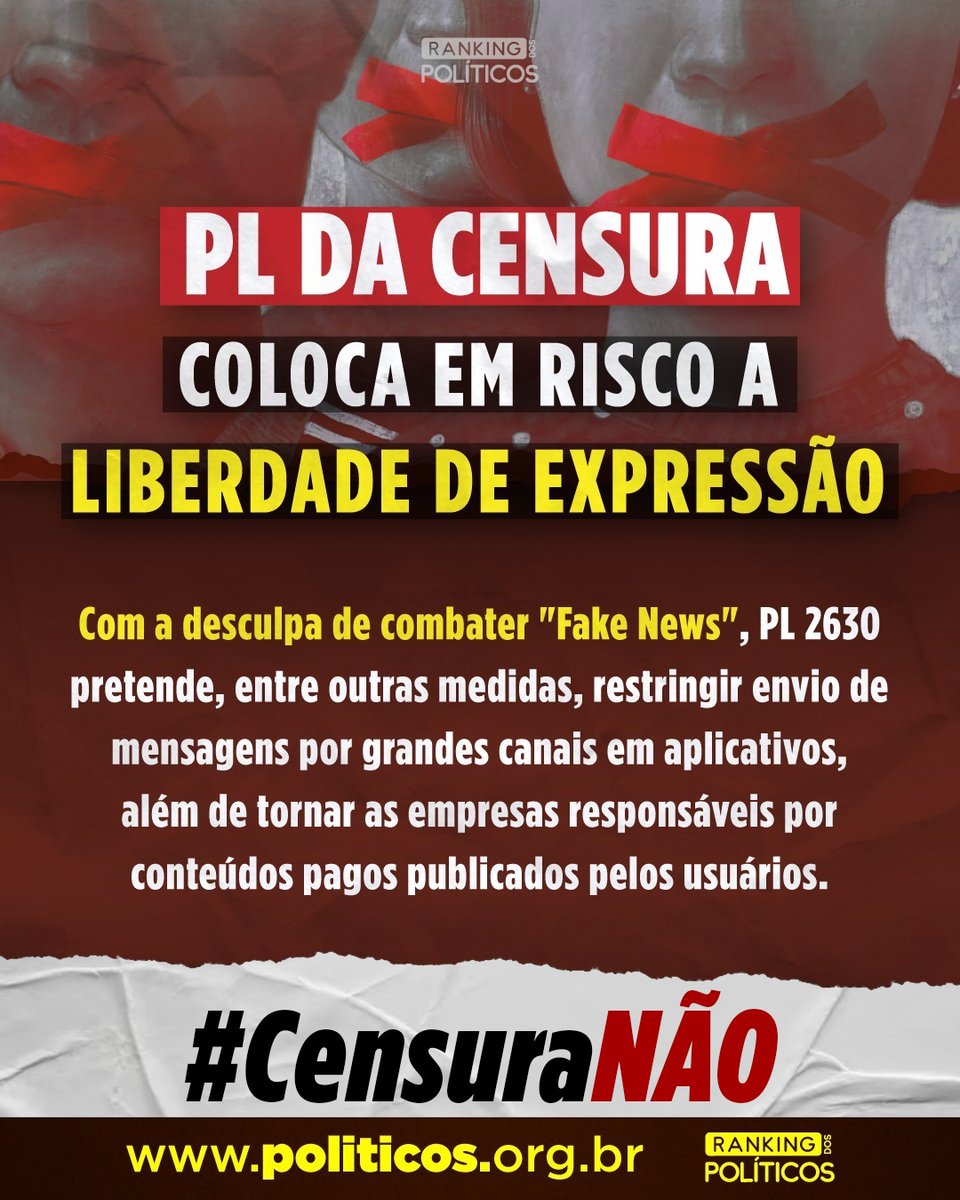 RankPolitico's tweet photo. Ao responsabilizar as redes sociais por eventuais calúnias cometidas on-line, o que o PL DA CENSURA faz é estimular o bloqueio prévio de qualquer perfil que critique políticos.

#CensuraNAO!!

Ajude a cobrar os deputados que votem contra: https://t.co/j1Mbd8FHNx https://t.co/yxzzSykd3l