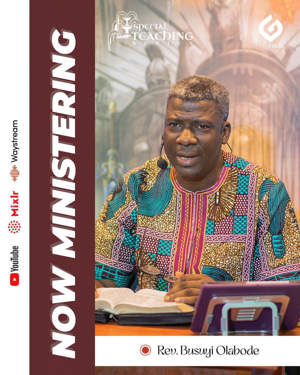 *NOW MINISTERING*

Connect now as *Rev. Busuyi Olabode* is currently Ministering at the ongoing Special Midweek Teaching.

Kindly connect via 
fmeli.org/listenlive for audio
OR
YouTube.com/eternallifeemb… for Video

*SMWT*
*#FMELiCommunications*
