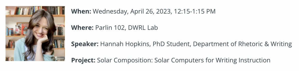 The IDH will conclude its Spring 2023 Brown Bag Lunch series next week with a talk from Rhetoric PhD student Hannah Hopkins on her solar computing project - please join us!