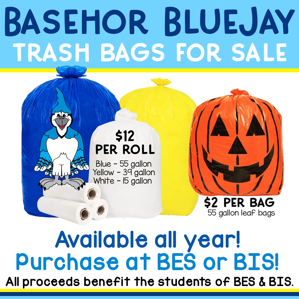 bluejaypto's tweet photo. If you are in need of any trash bags, we still have some available for purchase at both buildings! The orange lawn bags are $2 each and our yellow, white, and blue trash bags are $12 per roll.  

BES - Only blue is available 
BIS - All colors available (white and blue limited) https://t.co/BpyJ2TQck6