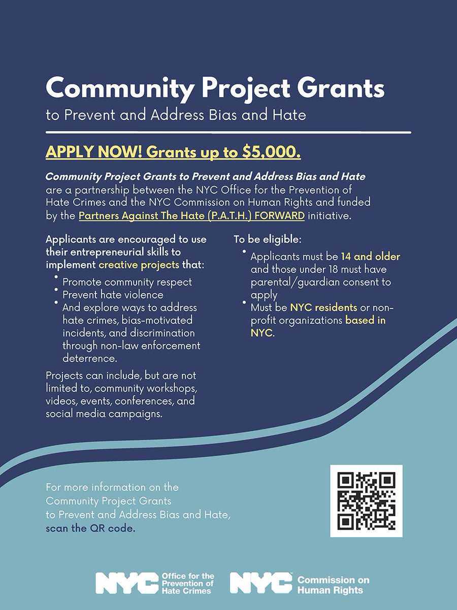 Are you a New Yorker aged 14+ working to raise awareness about hate violence and promote community well-being? @stophatenyc and @NYCCHR invite you to apply for a $5,000 grant to launch a community project to help combat hate. For more info, visit: on.nyc.gov/43Gt5pl