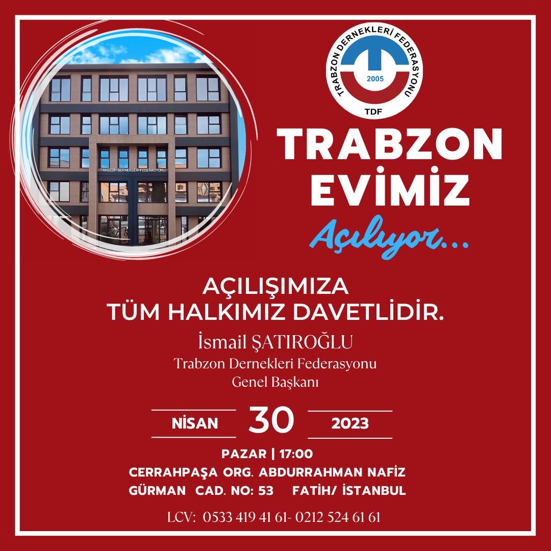 TRABZON EVİMİZ AÇILIYOR....

ŞEHRİMİZE,KÜLTÜRÜMÜZE VE ÜLKEMİZE ÖNEMLİ KATKILARI OLACAĞINA INANDIGIMIZ,İÇERİSİNDE YÖNETİM OFİSLERİ, KONFERANS SALONU,COK AMAÇLI SALON, KÜTÜPHANE OLAN AYNI ZAMANDA  FEDERASYONUMUZUNDA GENEL MERKEZİ OLACAK TRABZON EVİMİZ 30 NİSAN PAZAR SAAT 17.00 DE