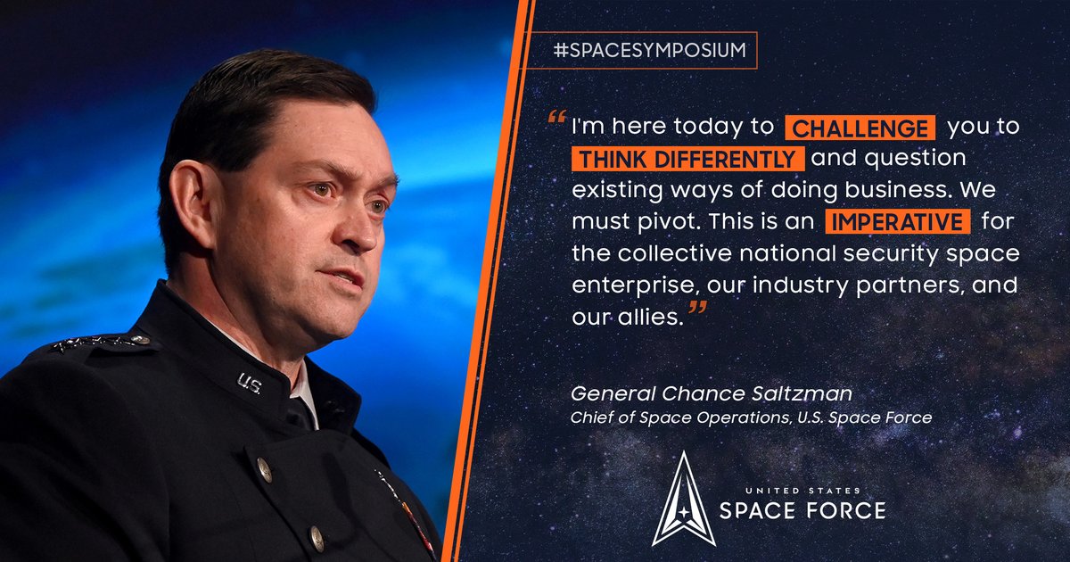 .@SpaceForceCSO Gen. Chance Saltzman delivered his keynote speech at #SpaceSymposium in Colorado Springs where he discussed a new era in space & opportunities for allies, industry partners & inter-agency teammates to continue to work together. #38Space #PartnerToWin