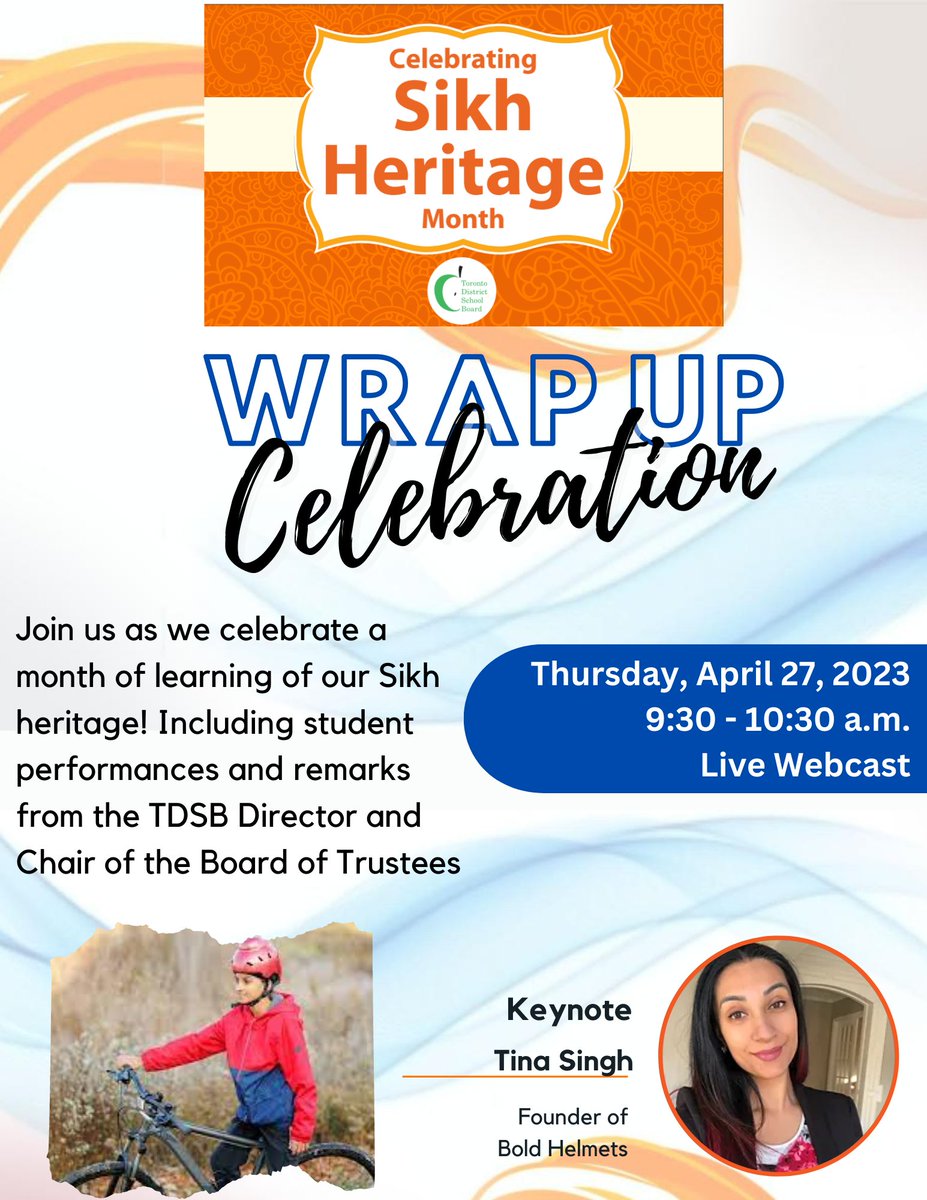 Sikh Heritage Month @TDSB_SHM (@tdsb_shm) on Twitter photo April is #SikhHeritageMonth! 🧡🧡🧡
🗓️Join us <a href="/tdsb/">Toronto District School Board</a> teachers with your students on Thurs April 27 at 9:30am for a wrap up celebration on the achievements over the past month.
Our keynote speaker is the founder of <a href="/BoldHelmets/">Bold Helmets</a> <a href="/TheTinaSingh/">Tina Singh</a> 👳🏿
@Singhpeter April is #SikhHeritageMonth! 🧡🧡🧡
🗓️Join us <a href="/tdsb/">Toronto District School Board</a> teachers with your students on Thurs April 27 at 9:30am for a wrap up celebration on the achievements over the past month.
Our keynote speaker is the founder of <a href="/BoldHelmets/">Bold Helmets</a> <a href="/TheTinaSingh/">Tina Singh</a> 👳🏿
@Singhpeter