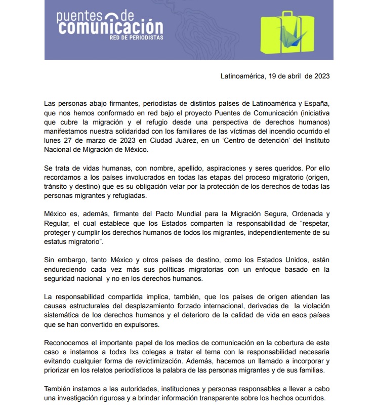 puentesdecomu's tweet photo. Desde Puentes de Comunicación manifestamos nuestra solidaridad con los familiares de las víctimas del incendio ocurrido el lunes 27 de marzo de 2023 en Ciudad Juárez, en un "Centro de detención" del Instituto Nacional de Migración de México.

Comunicado👇 https://t.co/nk7erjlh1R