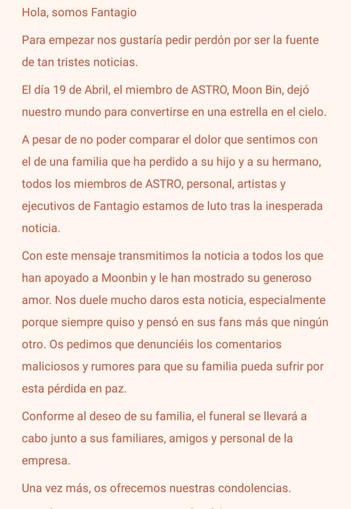 ASTRO_Spain2's tweet photo. [INFO] Traducción del comunicado de Fantagio.

Gracias por brillar con fuerza y ser nuestra fuente de felicidad Bin. Gracias por ser una estrella en la oscuridad.

Esperamos sinceramente que sigas brillando como la estrella que eres, allá donde estés. C https://t.co/IK6R787r3r