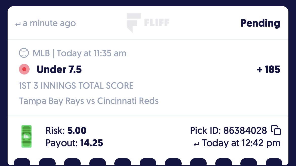 BadgAirPicks's tweet photo. @DinoBets_ @plusev @TJ_DGF 

It’s in the 4th and you can still bet u7.5 on Fliff for first 3 innings total score https://t.co/Q2lEDSwD6L