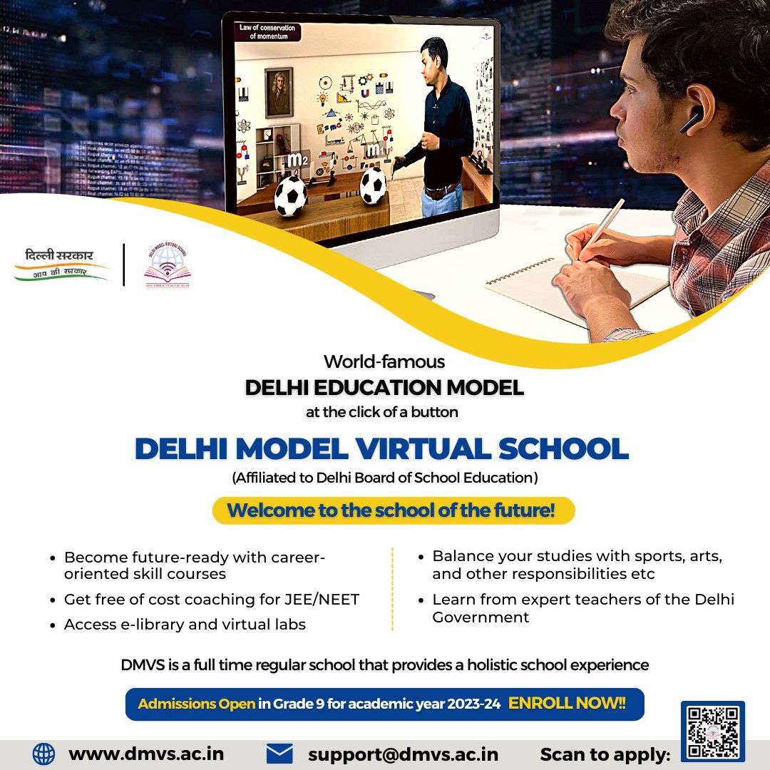 Welcome to the school of the future!

Delhi Model Virtual School - admissions in class 9 open!! 

Avail quality education from anywhere

The last date to apply is 5th May, 2023.

For more information about admissions and to apply, please visit: dmvs.ac.in