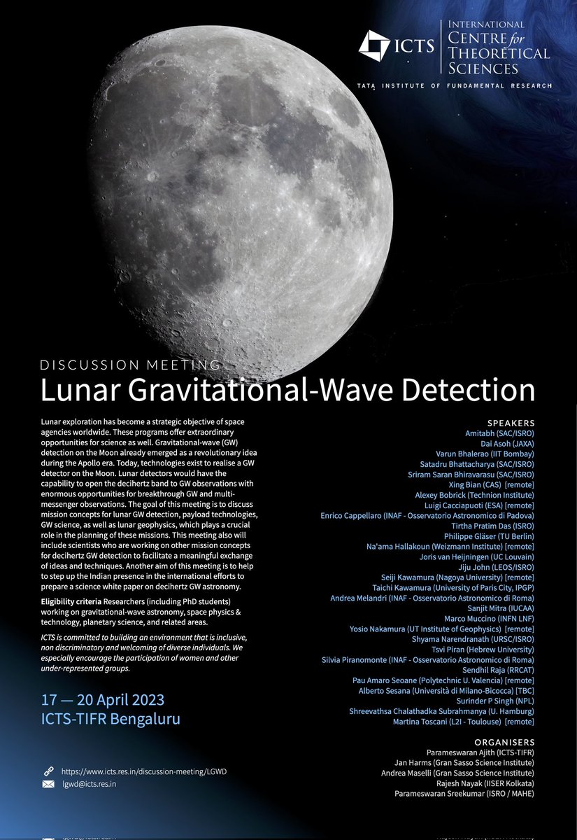 prasad_astrophy's tweet photo. In search of a quiet place (less seismic noise), it looks moon is the goto option in our solar system...the Lunar Gravitational Wave Antenna (LGWA) is an ambitious project to detect gravitational waves in decihertz band...thrilled to be part of a discussion meeting devoted to it https://t.co/cSW35d1mX0