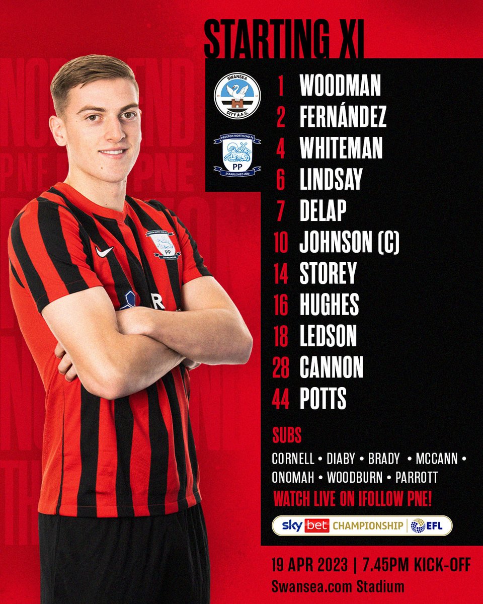 pnefc's tweet image. 📋 TEAM NEWS: Your #pnefc side taking on Swansea City this evening...👇

Three changes from Saturday's defeat at Millwall with Álvaro Fernández, Ryan Ledson and Liam Delap coming into the XI. 🔄 

#pnefc