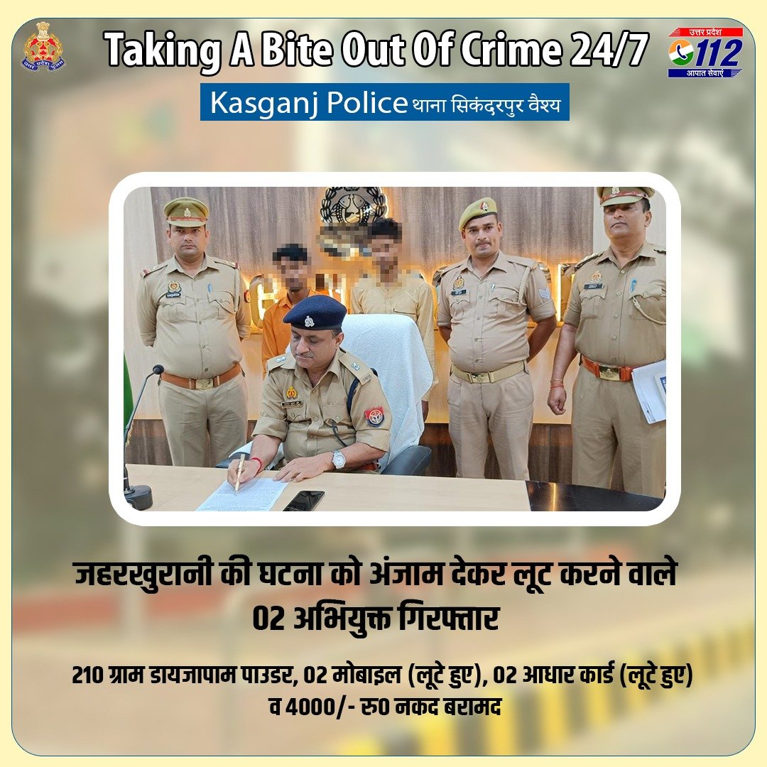 Zero Tolerance Against Crime-जहरखुरानी की घटना को अंजाम देकर लूट करने वाले 02 अभियुक्तों को @kasganjpolice द्वारा गिरफ्तार कर उनके कब्जे से नकद रुपये, डायजापाम पाउडर, मोबाइल व आधार कार्ड बरामद किये गये हैं। #WellDoneCops #GoodWorkUPP