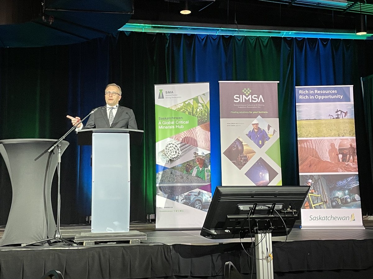 SaskMiningAssoc's tweet photo. Day 2: #MSCF2023 - appreciate  Minister Reiter’s remarks on the new @SKGov⁩ #CriticalMineralsStrategy &amp; support to ⬆️ production of #potash #uranium; doubling # of critical minerals (Cu, Li, He, REE) in production &amp; increasing exploration investment ⁩ ⁦@ForanMining⁩ https://t.co/6GxSb5pc5J