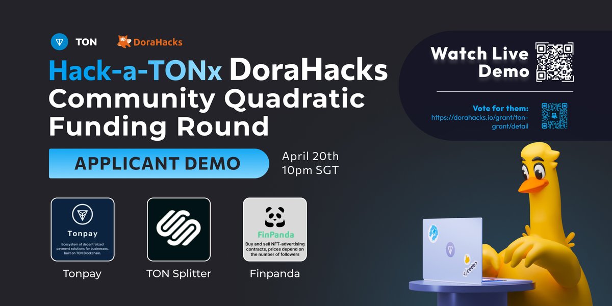 DoraHacks's tweet photo. #HackaTONx project demo Ep.2 coming soon!
Welcome @TheTonpay @TonSplitter @thefinpanda to introduce their projects and milestones🚀
⏰Apr 20th, 10 PM, SGT
📺https://t.co/DtXBYL3ZyW https://t.co/8eK9M6NAE6