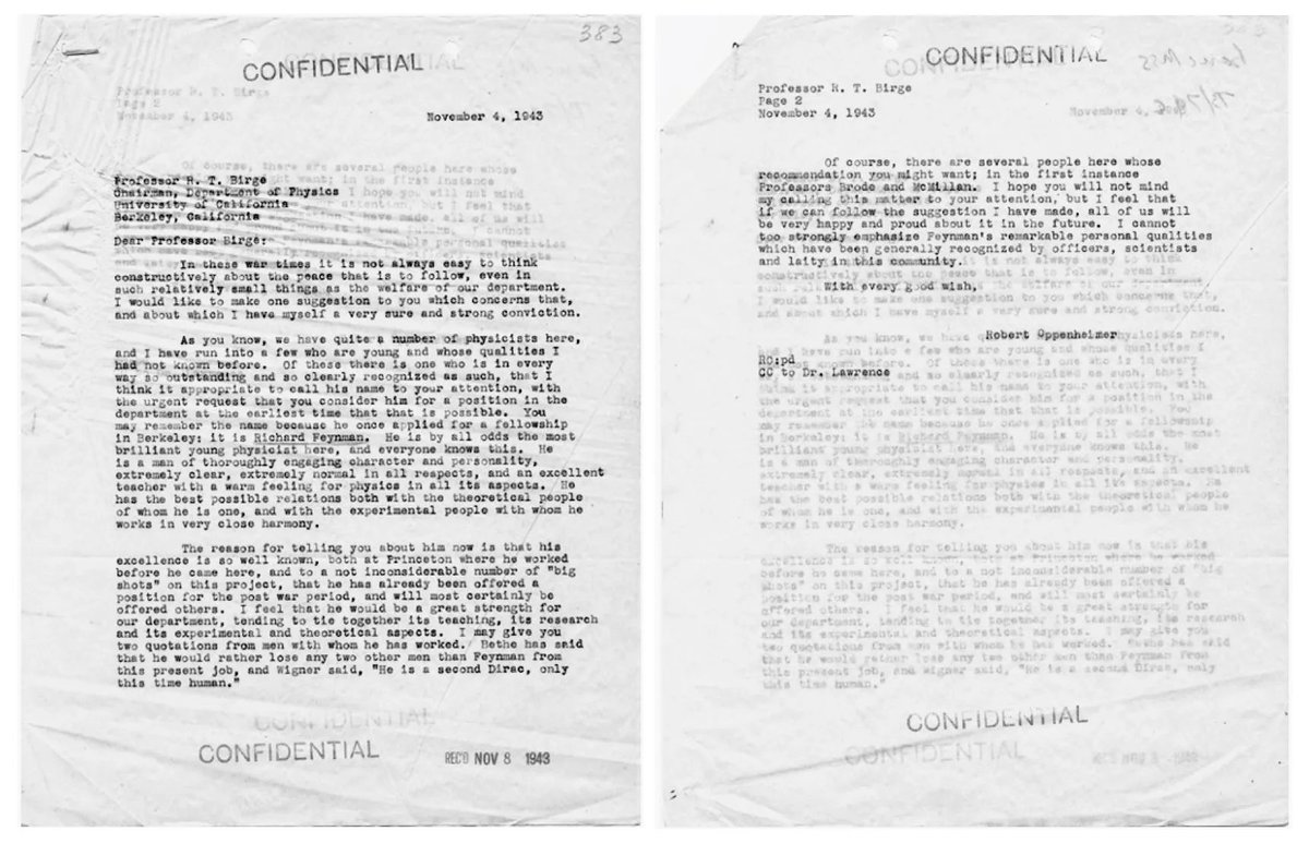 <a href="/curiouswavefn/">Ash Jogalekar</a> J. Robert Oppenheimer's letter of recommendation for Richard Feynman for a position in the Physics Department at the University of California, Berkeley. 

"He is the second Dirac, only this time human.”