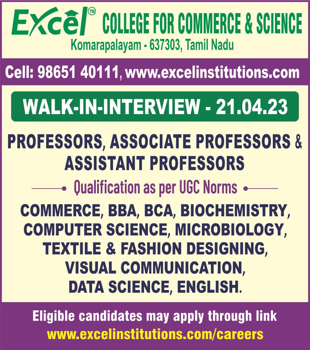 excelinstituti1's tweet image. Excel College for Commerce and Science - 𝐖𝐀𝐋𝐊-𝐈𝐍-𝐈𝐍𝐓𝐄𝐑𝐕𝐈𝐄𝐖 𝐎𝐍 21.04.2023

𝗘𝗹𝗶𝗴𝗶𝗯𝗹𝗲 𝗖𝗮𝗻𝗱𝗶𝗱𝗮𝘁𝗲𝘀 𝗺𝗮𝘆 𝗮𝗽𝗽𝗹𝘆 𝘁𝗵𝗿𝗼𝘂𝗴𝗵 𝘁𝗵𝗲 𝗹𝗶𝗻𝗸:
excelinstitutions.com/careers/

#excelinstitutions #excelcollegeforcommerceandscience #careers #job #jobs