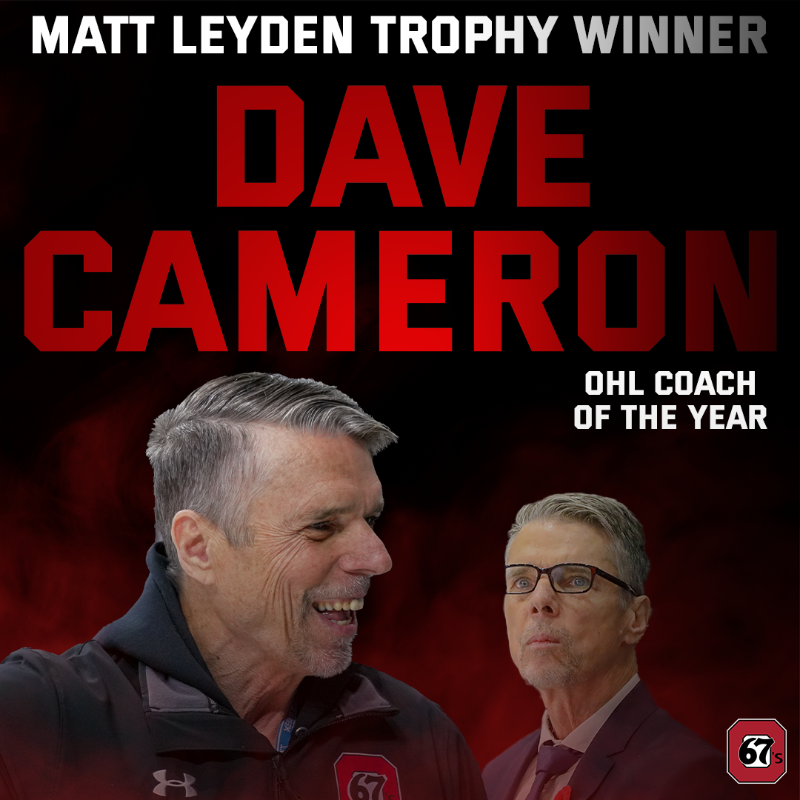 Ottawa67sHockey's tweet photo. That's our coach‼️

#67s Head Coach Dave Cameron has been named as the winner of the Matt Leyden Trophy, as @OHLHockey Coach of the Year 🫡