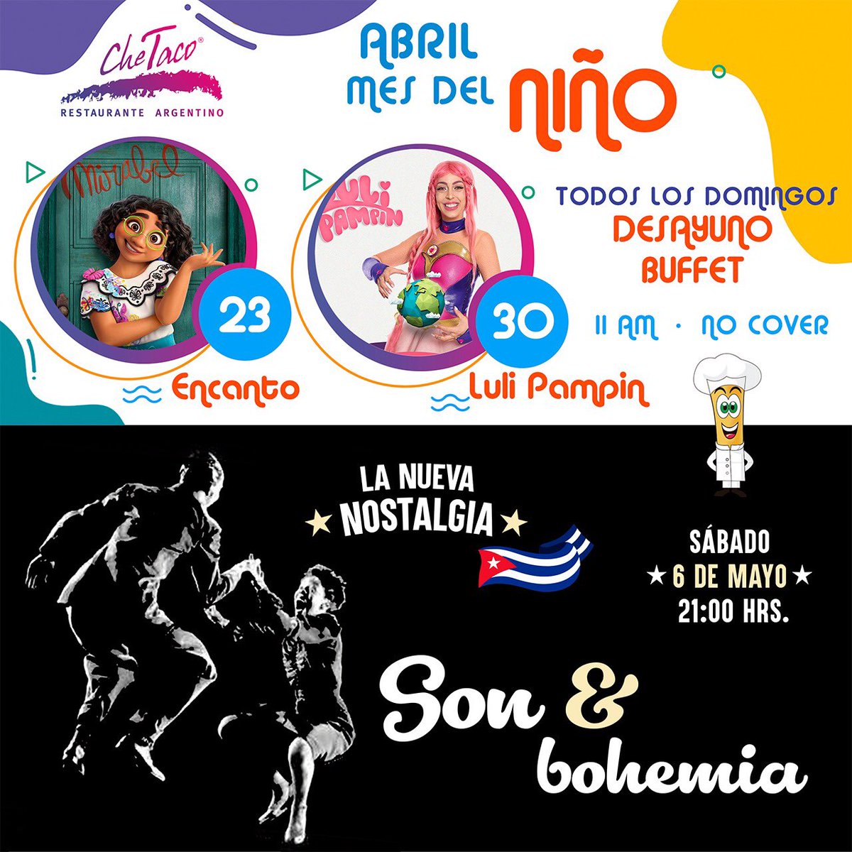 chetacopachuca's tweet photo. Desayuno-Buffet con Encanto el domingo 👇 https://t.co/pcL3qFMDLY & festejando a mamá con La Nueva Nostalgia 🇨🇺 Sábado 6 de Mayo 21:00 hrs 👇 https://t.co/RMkFS1i1Lo 📞7717156752 #reseva @ConectaPachuca https://t.co/qq0QbneZEd