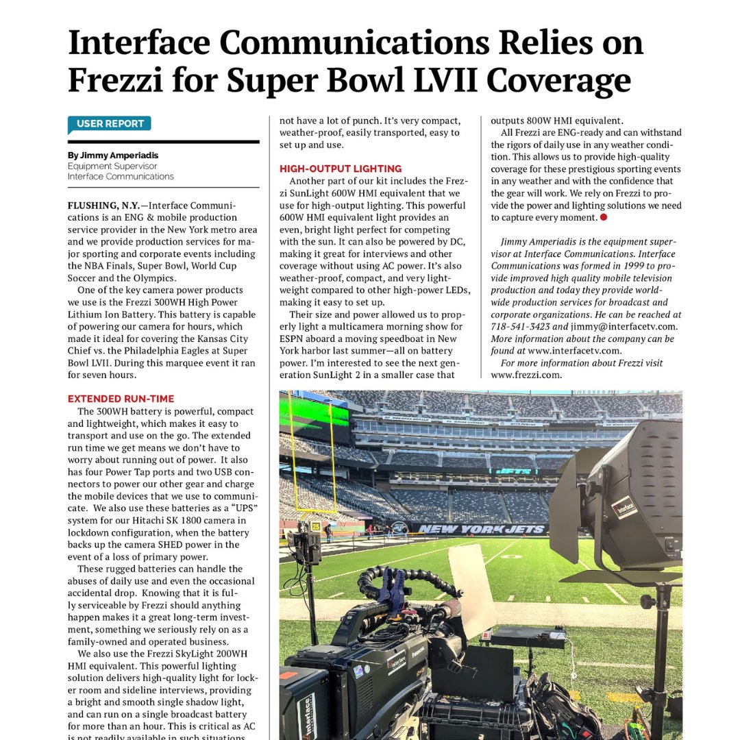 frezzienergy's tweet photo. Read Interface Communication's User Report on their use of Frezzi equipment when they cover major sporting and corporate events.
Products Used: 300WH Battery and Sunlight.
Read the User Report -> https://t.co/Om2gqPIwtz
#Frezzi #Broadcasting #Newsbroadcasting https://t.co/S1Az0whiWZ
