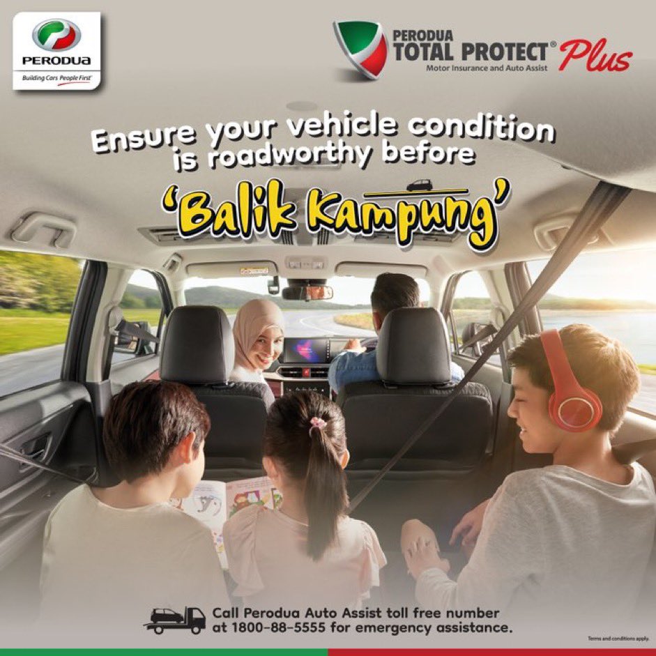Stay safe on your Balik Kampung journey this Raya. Perodua Auto Assist is available 24/7 ensuring a Raya celebration with peace of mind.

Get insurance coverage now from Perodua and call our Auto Assist toll-free number at 1-800-88-5555 for any emergency. It's that easy!