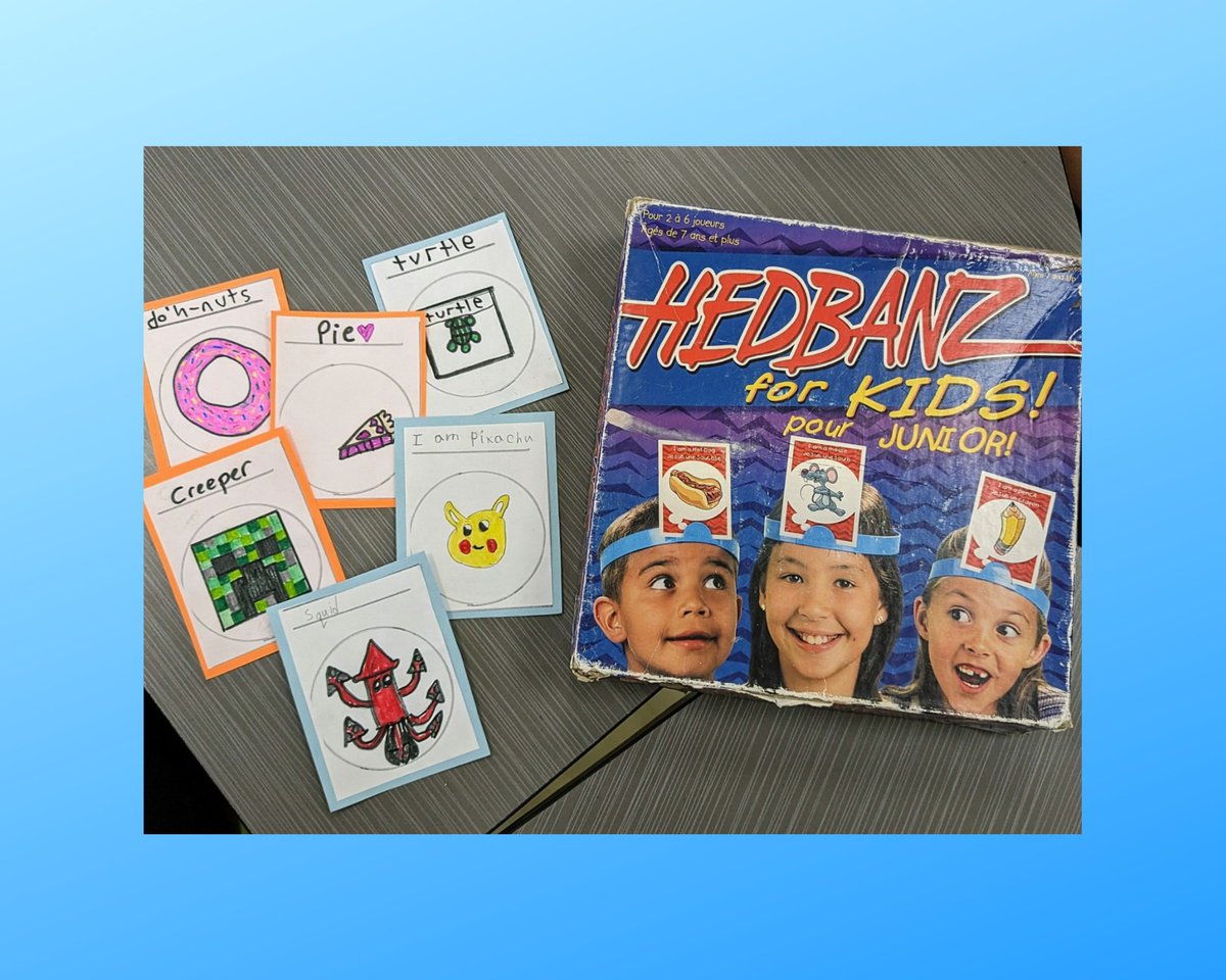 LynwoodELC's tweet image. School age group 2 created their own cards to use with the Hedbanz game. This is a great game to assist in developing reasoning skills through the question and answer method and practice critical thinking skills. #howdoeslearninghappen