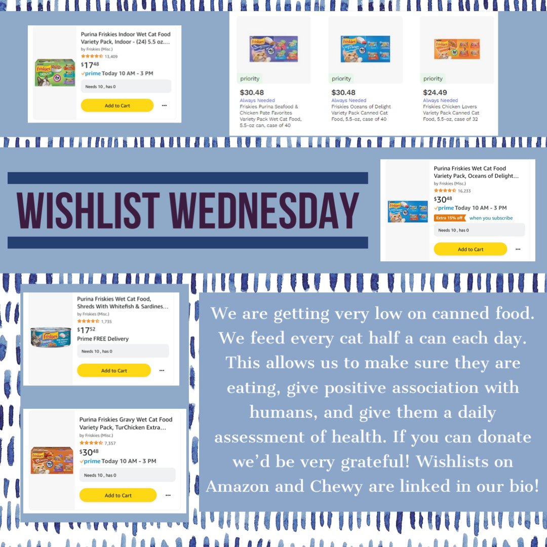WishesRescue's tweet photo. It's Wishlist Wednesday! We are worried about our level of canned food, especially since we currently have 33 cats. If you could donate, we would be so grateful!

Wishlist: https://t.co/njBdbvMdUP https://t.co/jHATHFSSPg