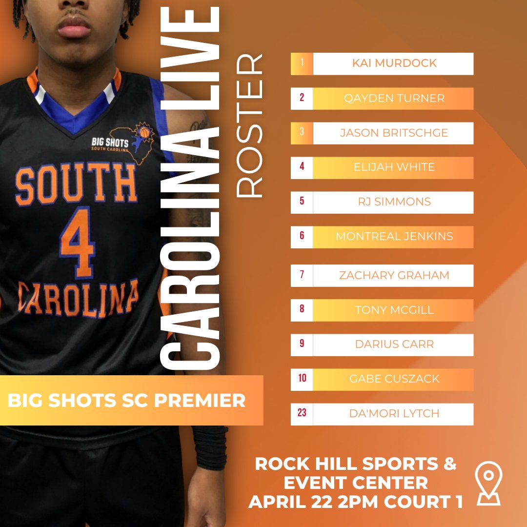 @BigShotsGlobal #CarolinaLive Highly skilled and high academic players on this roster. College coaches I hear you say you want these types of kids in your program. Watch them preform Sat 04/22 at 2PM on Court 1 vs. @TWINHoopsElite