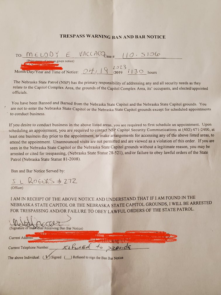 SeeingRedNE's tweet photo. Today the NE State Patrol unilaterally banned our very own @melodyvacc from the Capitol for life for yelling “Shame!” at the legislators passing LB77, permitless carry, spreading the #1 cause of US child deaths. Violation of due process and right to petition over a speech act. https://t.co/mD0nQ8OW47