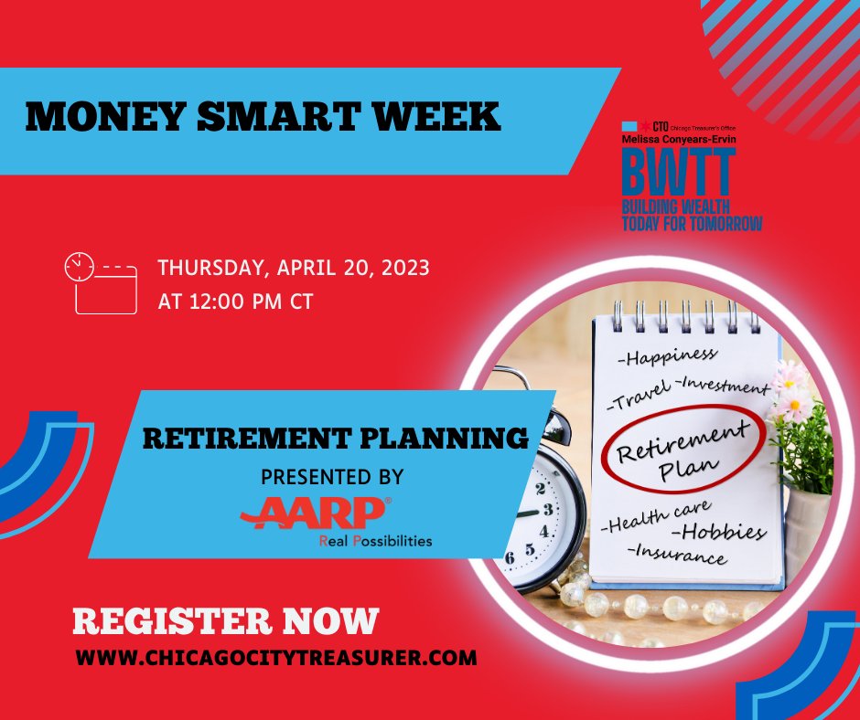 ChiTreasurer's tweet image. Join us tomorrow as AARP conducts a webinar on Retirement. Registration is encouraged but not required. See you at noon tomorrow.
#chicagotreasurer #moneysmartweek #AARP #retirement