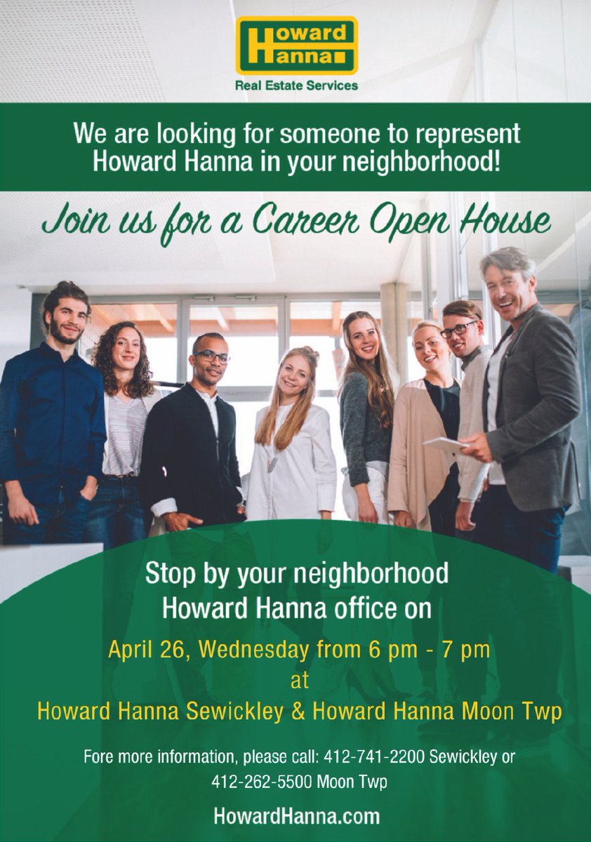 Have you ever considered a career in real estate? 

Howard Hanna of Sewickley and Moon Township will be hosting an Open House on Wednesday, April 26th from 6-7pm to answer your questions and provide insight into what it's like to work in the real estate field. 🏠