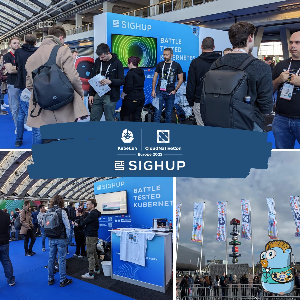 sighup_'s tweet photo. π Calling the day off here at @sighup_ Booth S97 π€© This was an outstanding first #KubeConEU day, full of exciting conversations, great people and tons of #VanGopher #swags given away. https://t.co/jujO0UeYzR