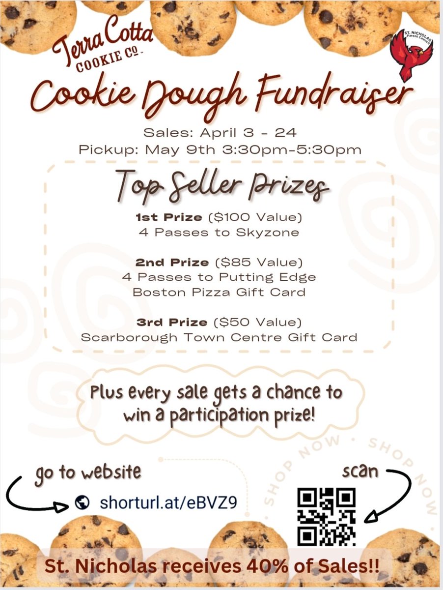 StNicholasCSPC's tweet image. St. Nicholas is having a Cookie Dough Fundraiser. 40% of sales goes to the school! We will be giving away prizes to our top sellers and each sale gets a chance to win one of many prizes. 

fundraising.terracottacookies.com/current-fundra…