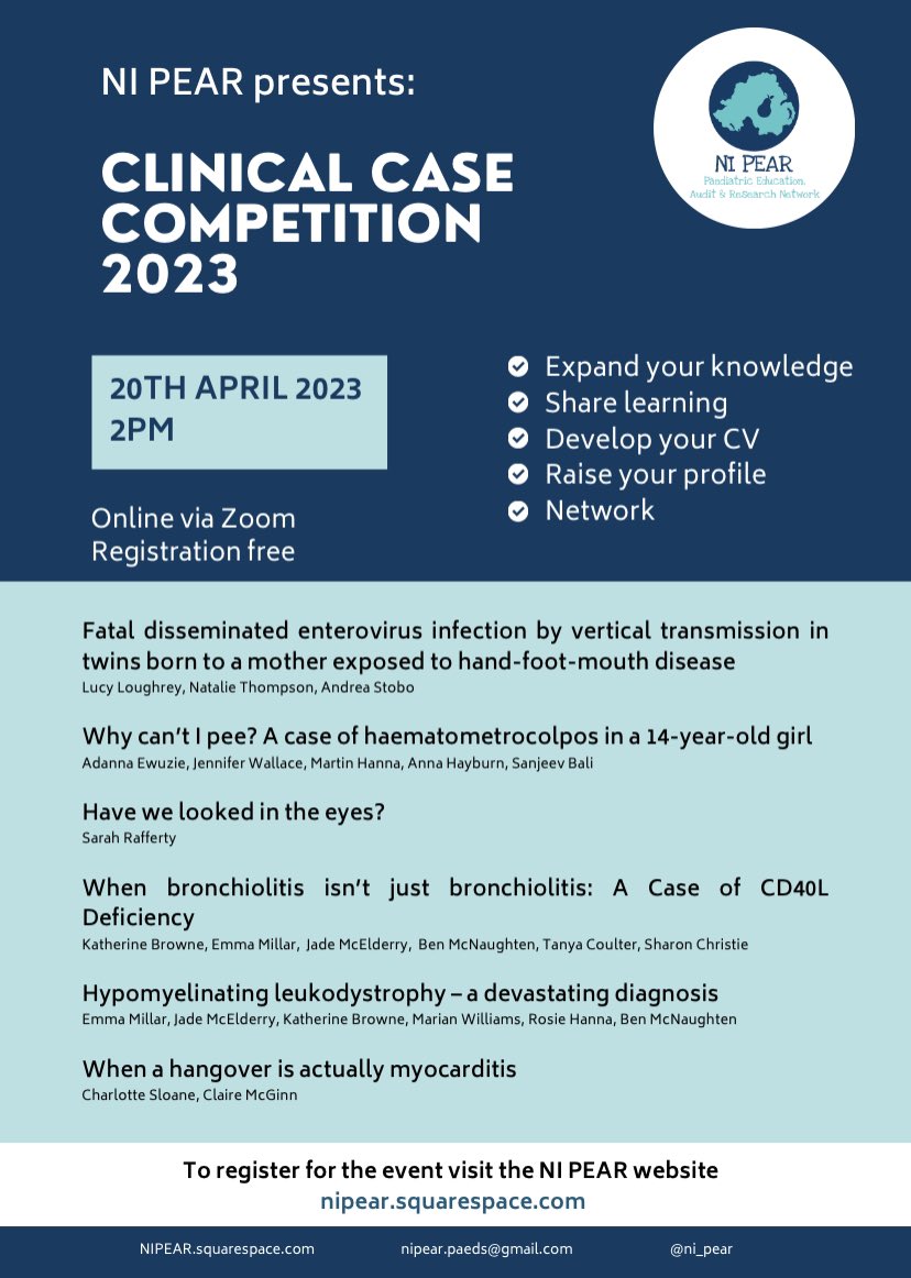 Tomorrow’s the big day- don’t miss our very first NI PEAR Clinical Case Competition! Starting at 2pm, it’s set to be an incredible learning experience for all, with an array of fantastic cases being presented. But who will walk away with the grand prize? 🤔